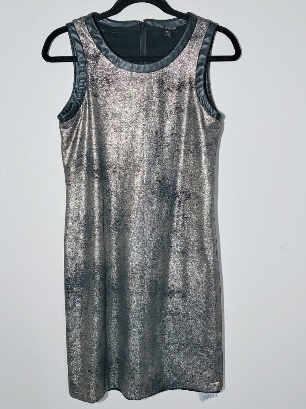 Guess Subtle Reflective Finish Sleeveless Bodycon Dress With Leather Trim Sz 16